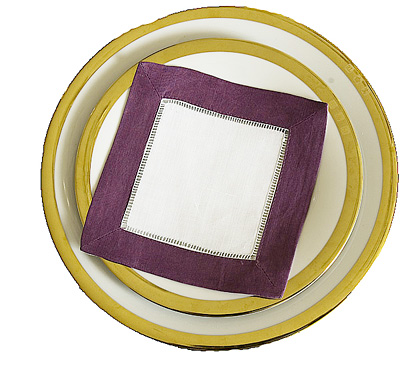 White Hemstitch Cocktail Napkin with Purple color border